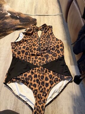 Crazy Train Leopard Print One-Piece Swimsuit with Black Panels